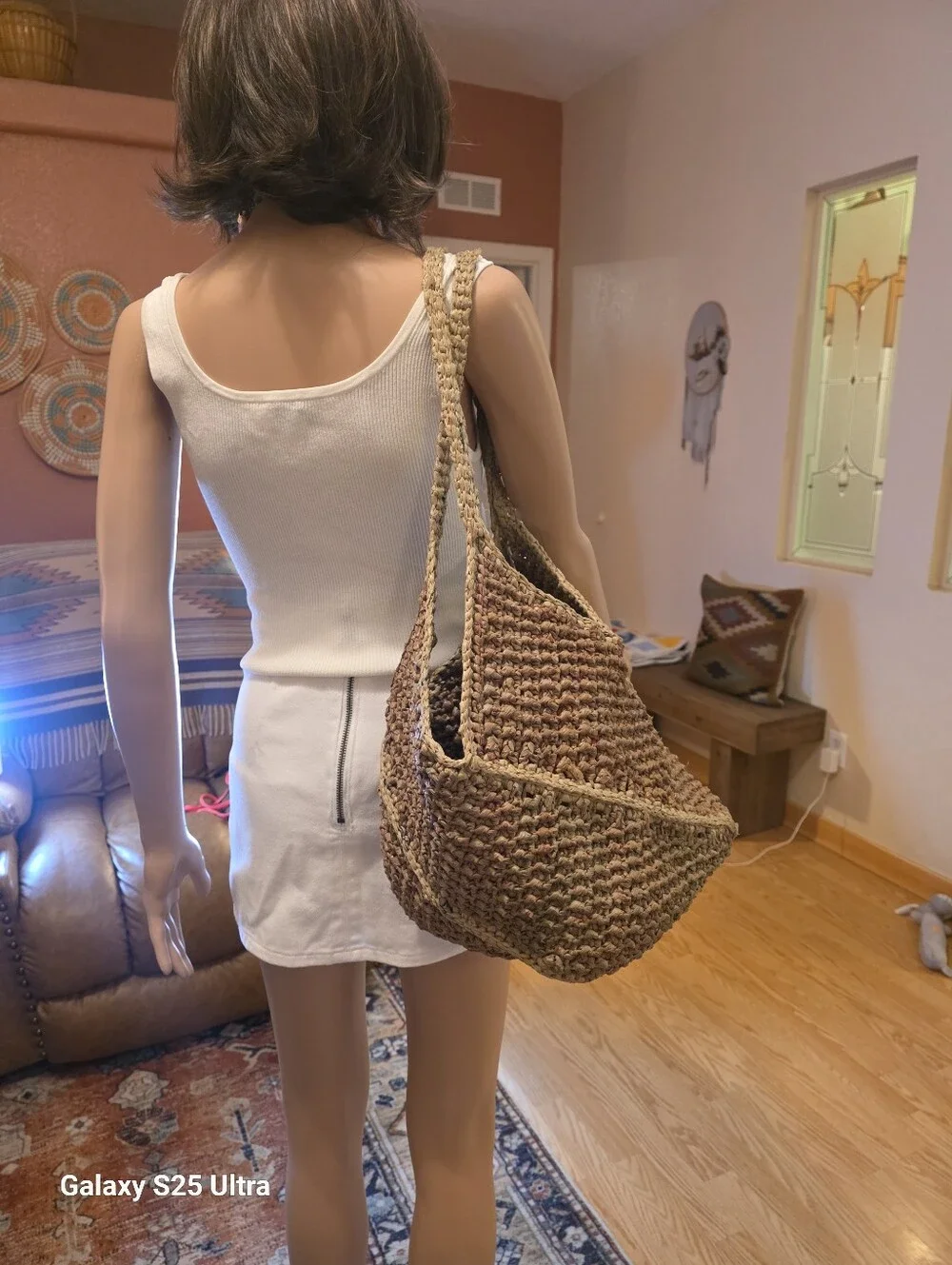 Upcycled Woven Plarn Tote Bag Eco-Friendly Boho Double Strap Shoulder Bag
